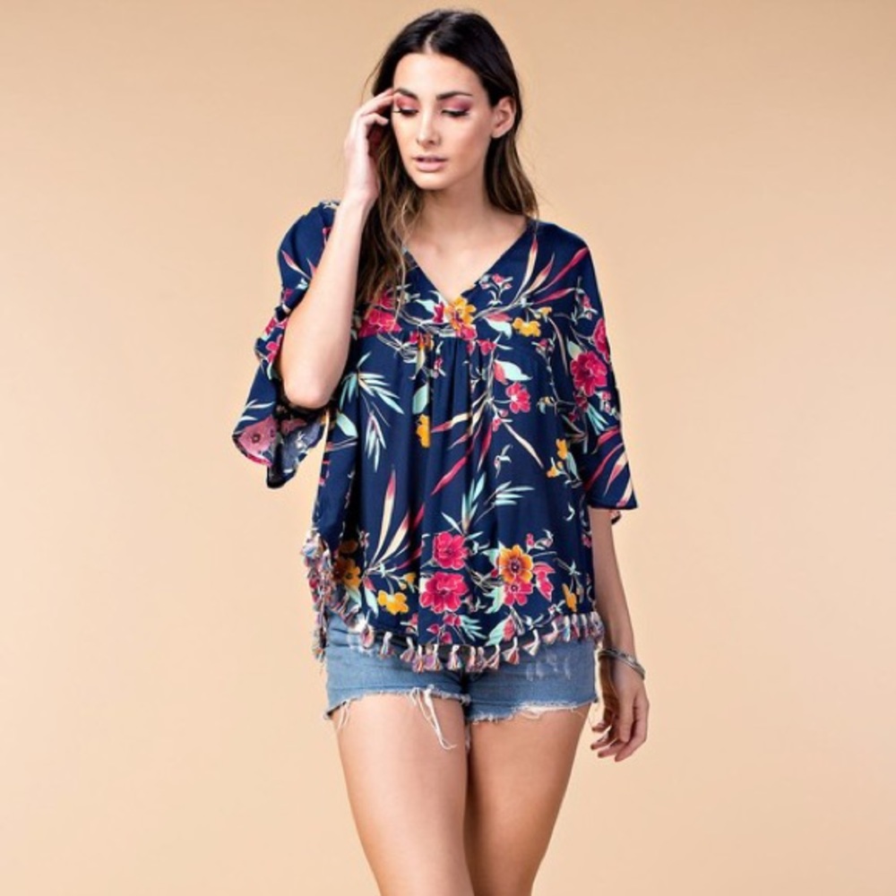 Floral print blouse with fringe detail